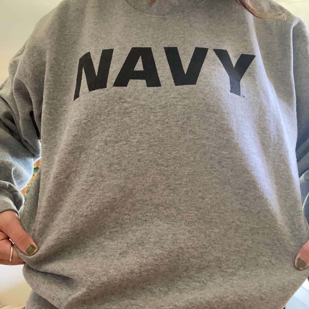 Navy sweatshirt.